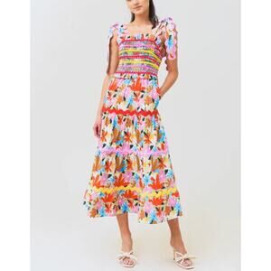 Celia B Nilsa Dress Floral Tiered Midi Medium NWT Scalloped Details Tie Straps